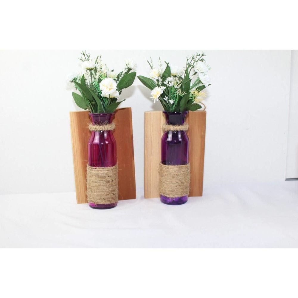 Hand Made wall decor cedar plank with glass bottle and plastic flowers